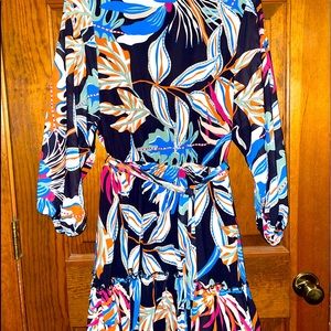 Floral navy blue and pick with tie detail dress long sleeve